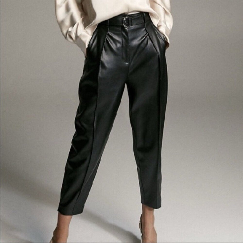 Babaton Aritzia Mayne Faux Leather Black Trouser Pant Belted